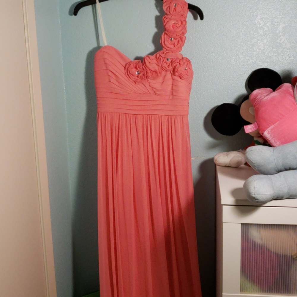 Coral pink one-shoulder floor-length prom dress